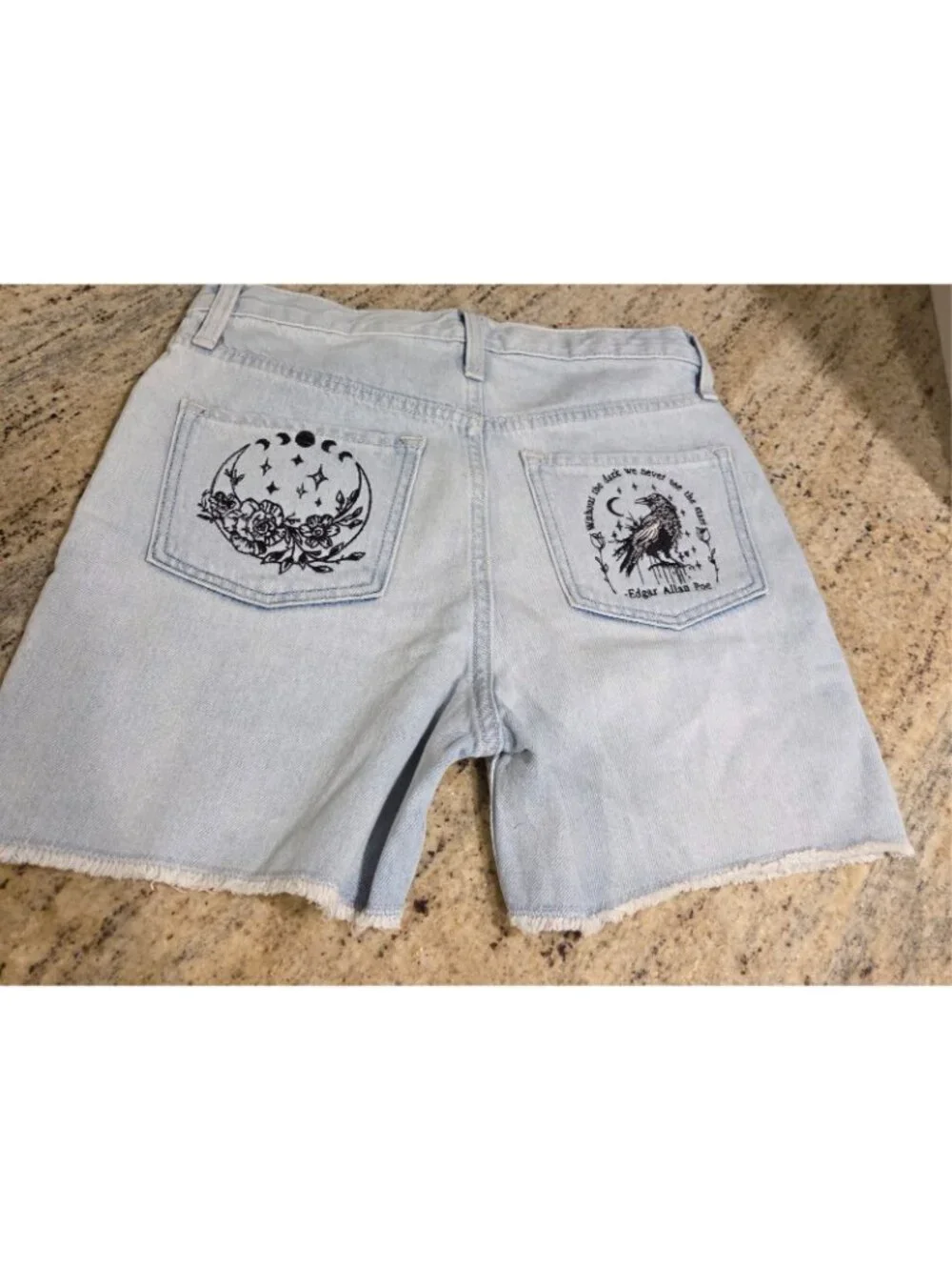 Old Navy Girls 12 Jean Shorts Slouchy Straight Cut Off Embroider Edgar Allen Po